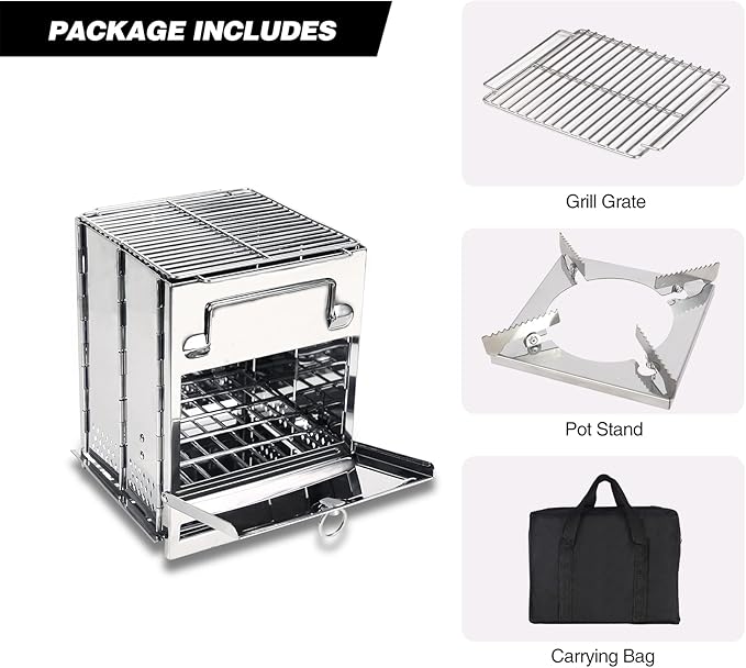 REDCAMP Wood Burning Folding Camp Stove Stainless Steel Grill and Pot Stand, Portable Collapsible Backpacking Stove Survival Rocket Stove for Hiking Outdoor Tent Camping Picnic, Largel with Pot Stand