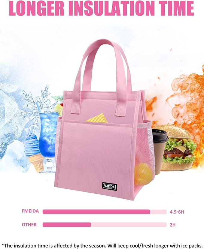 Fmeida Insulated Lunch Bag for Women, Pink, Reusable Adult Lunch Box for College, Picnic, Beach | Front & Side Pockets