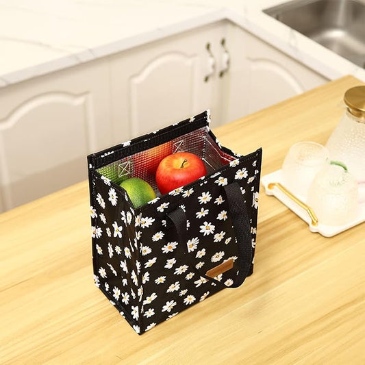 TELLUMO Lunch bag, Insulated Lunch Bag for Women Men Large Lunch Box Container Reusable Leakproof Tote for Office, Work, School, Beach or Travel (Black Daisy)