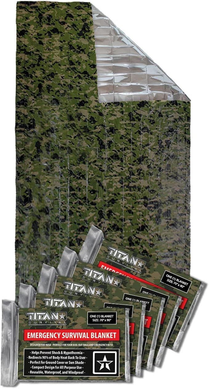TITAN Survival XL Emergency Mylar Camo Survival Blankets, 5-Pack (SHROWD® Woodland CAMO)