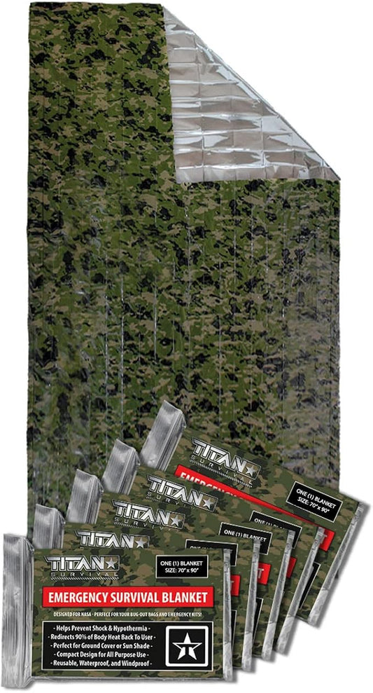 TITAN Survival XL Emergency Mylar Camo Survival Blankets, 5-Pack (SHROWD® Woodland CAMO)