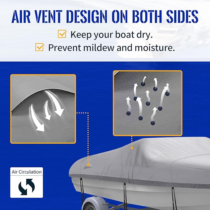 NEXCOVER Trailerable Boat Cover, Length: 20’-23’ Beam Width: up to 100”, Waterproof Heavy Duty Cover, Fits V-Hull, TRI-Hull, Runabout, Pro-Style, Bass Boat, Storage Bag & Tightening Straps Included.
