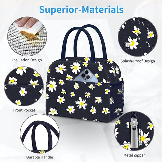 Lunch Bag Lunch Box for Women Men Reusable Insulated Cooler Lunch Tote Bags, Leakproof Cute LunchBag Large Capacity for Work Travel Picnic, Daisy