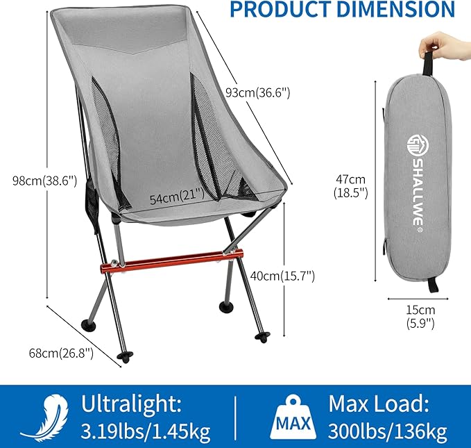 Camping Chairs, All Aluminum Frame Portable Folding Camp Chair for Adults, Heavy Duty High Back Collapsible with Built-in Pillow, Side Pocket, Carry Bag for Backpacking, Hiking, Beach