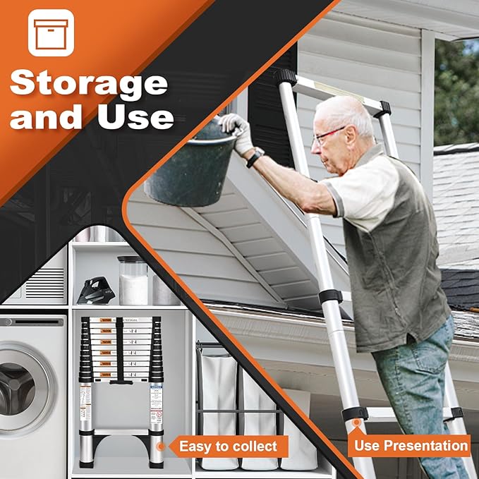 Soctone Telescoping Ladder, 12.5 FT Aluminum Button Retraction Extension Ladder with 2 Triangle Stabilizers, Multi-Purpose Ladder with Slow Down Design, 330lbs Max Capacity for House Daily Life