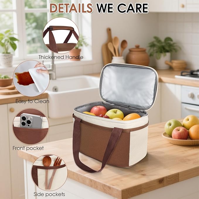 Reusable Lunch Box Lunch Bag for Women Men Insulated Lunch Bag Women Lunch Cooler Tote Bags for Office Work Picnic Outdoor Travel, Brown