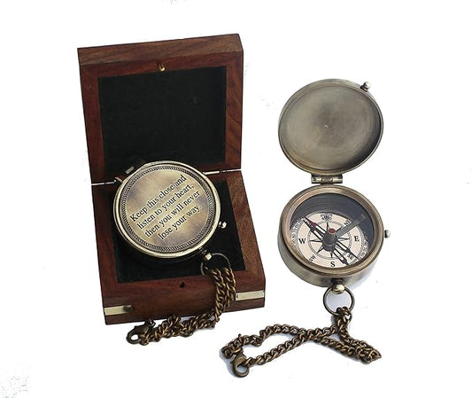 OCEAN REPLICAS Brass Antique Finish Engraved Quote Compass