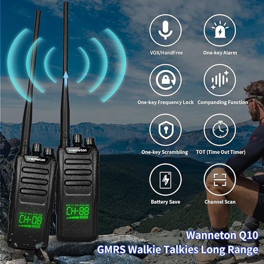 Q10 walkie talkies for Adults Long Range, 99 Channel GMRS 5W Two Way radios with one-Key Alarm, one-Key Frequency Scrambling, LED Digital Display, VOX, TOT（2 Pack）