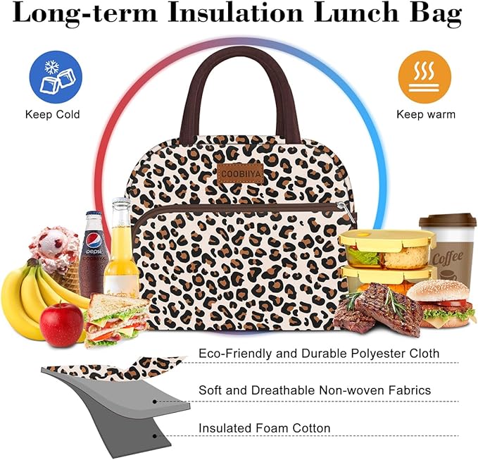 Coobiiya Lunch box for Women, Lunch Bags for Adults, Small Leakproof Cute Lunch Pail Large Capacity Reusable Insulated Cooler Lunch Container for Work/Office/Picnic/Beach - leopard