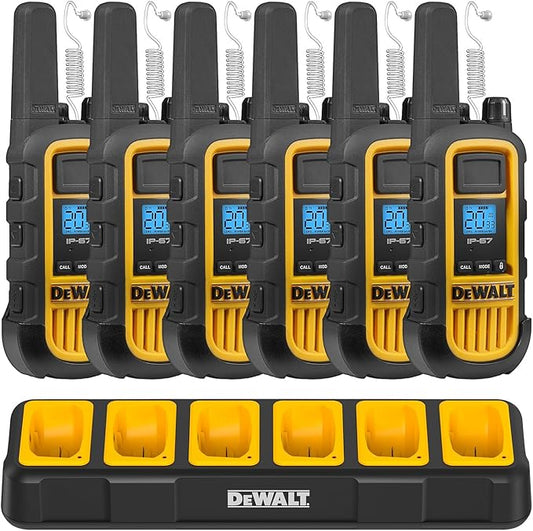 DEWALT DXFRS800 Bundle 2W Walkie Talkies Heavy Duty Business Two-Way Radios, 6 Pack with 6 Headsets Plus Gang Charger (DXFRS800BCH6-SV1)