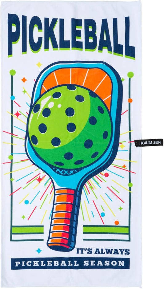 Pickleball Microfiber Cotton Towel, Quick-Dry Sports Towel, 32x16in, White - It’s Always Pickleball Season, Pickle Ball Gifts and Accessories