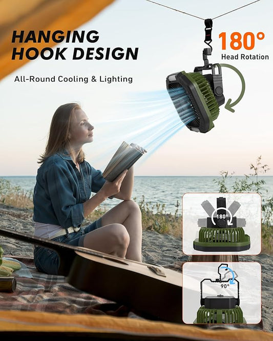 Portable Camping Fan with LED Light, 7800mAh Rechargeable Battery Operated Fan Lantern with Hook & Remote, USB Fan for Tent RV Hurricane Outages Emergency