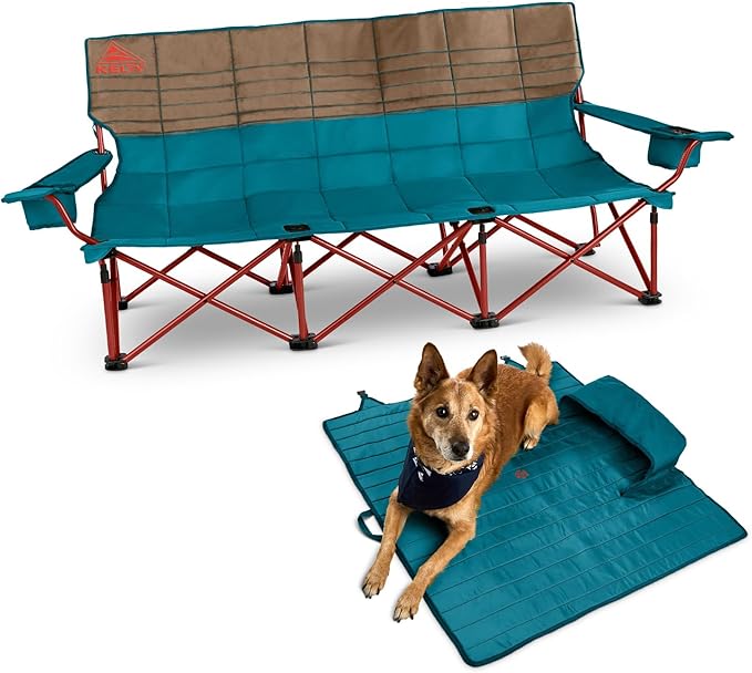 Kelty Lowdown Couch - 3 Person Capacity Camping Chair, Extra Large and Sturdy Bench for Campsites, Soccer Games, and Backyard Parties, with Cup Holders|Arm Rest, Polyester, Deep Lake/Fallen Rock