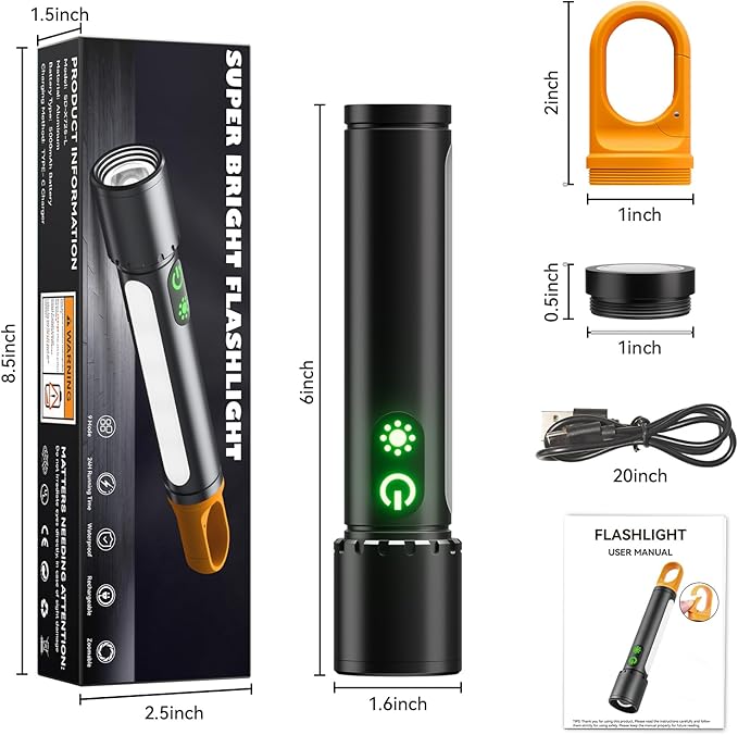 Magnetic Rechargeable Flashlights,2000LM 5000mAh High Lumens Flashlight with 9 Modes,Waterproof, Adjustable,Powerful Flashlight,Multi-Flashlights for Car,Home,Hiking,Camping
