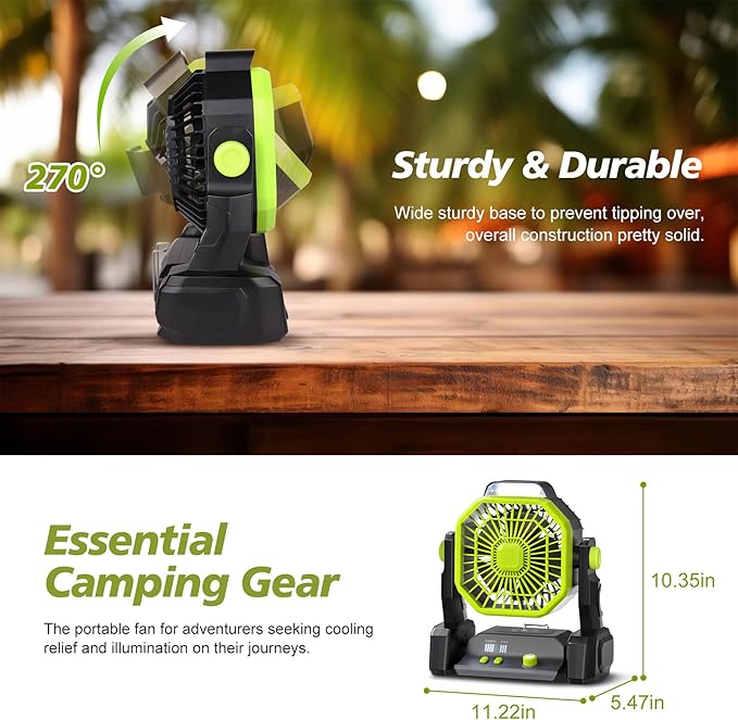 CONBOLA Portable Rechargeable Camping Tent Fan, LED Lantern, 20000mAh Battery - Operated Outdoor Fan with Hook, 270° Rotation, Small Quiet USB Cooling for Travel, Fishing