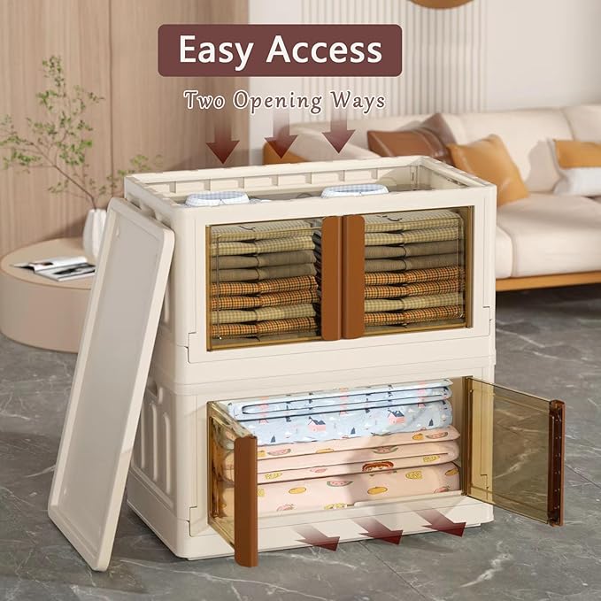 8.4Gal Collapsible Storage Bins with Lids & Wheels - 2 Pack Stackable with Doors, Heavy-Duty Plastic Containers for Home/Office, Milk White