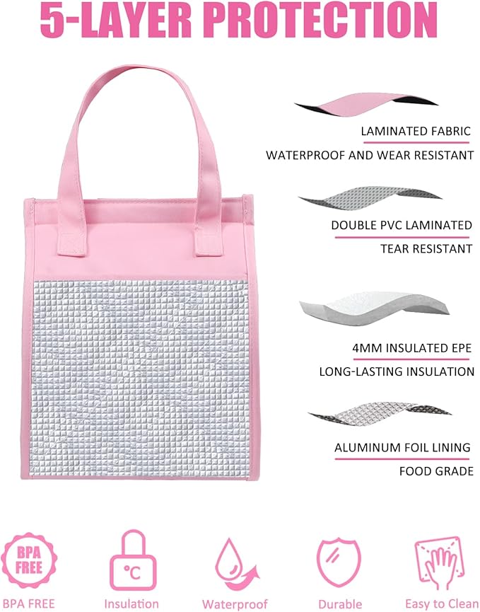 Fmeida Insulated Lunch Bag for Women, Pink, Reusable Adult Lunch Box for College, Picnic, Beach | Front & Side Pockets