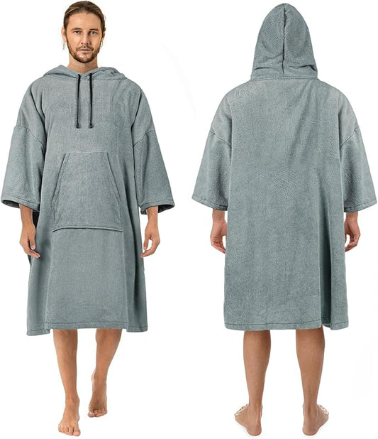 Surf Poncho Changing Robe, 3/4 Sleeve Extra Large Thick Hoodie Towel Poncho for Men Women Beach Swimming, 43" x 35", Gray