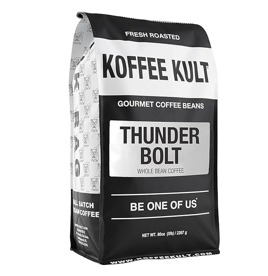Koffee Kult Thunder Bolt Dark French Roast Whole Bean Coffee Small Batch 100% Arabica Gourmet Blend, Bold and Well Balanced 80oz Resealable Package