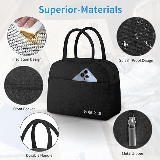Lunch Bag Lunch Box for Women Men Reusable Insulated Lunch Bags for Adults,Water-Resistant Cute Cooler Lunch Tote Bag, Large Capacity for Work Travel Picnic,Black