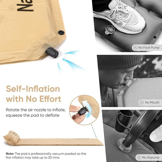 Naturehike Self-Inflating Sleeping Pad, Ultralight Memory Foam Camping Pad with Pillow, Fast Inflating, Patchwork Sleeping Pad for Camping, Hiking, RV Camping, with Storage Bag, Single, Pottery Yellow