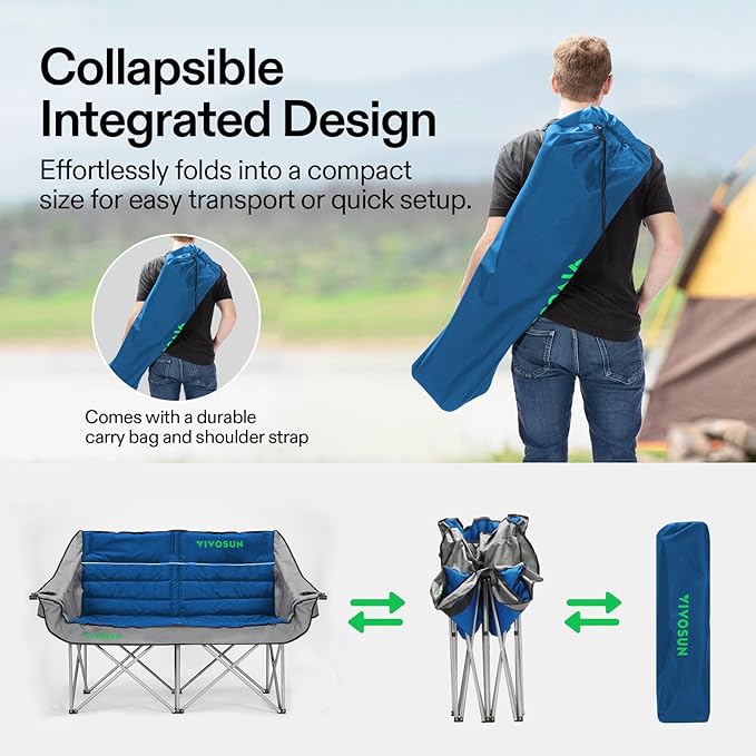 VIVOSUN Double Camping Chair, Fully Padded Folding Loveseat, Oversized Duo Chair with Cup & Wine Glass Holders, Pocket, Armrests & Carry Bag