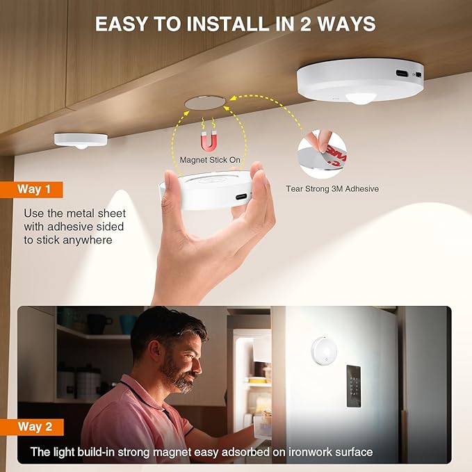 Puck Lights with Remote Control,2000mAh Rechargeable Under Counter Lighting,3 Color Temperatures Dimmable Under Cabinet,Closet Light,3Pack Tap Light for Hallway (White, 3 Pcs)