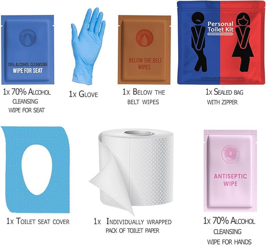 Public Restroom Kit: Pack of On-The-Go Bathroom Kits with Toilet Paper for Travel - Public Toilet Survival Kit including Gloves, Wipes, Seat Covers in Zip Top Bag