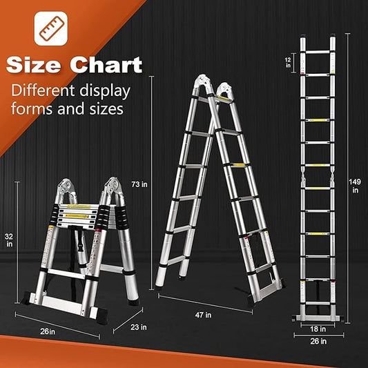 Telescoping Ladder A Frame, 12.5 Ft Compact Aluminum Extension Ladder, Portable Telescopic RV Ladder for Outdoor Camper Trips Motorhome with Tool Platform and Stabilizer Bar, 330 lb Capacity