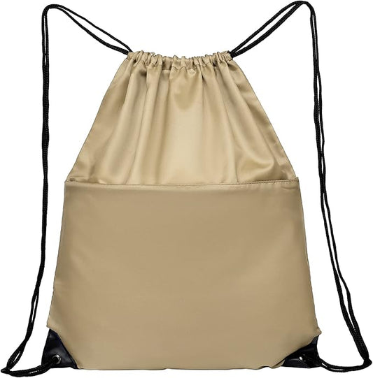 BuyAgain Drawstring Backpack Sports Water Resistant String Bag Sport Gym Sackpack for Women Men Large with Zipper, Khaki