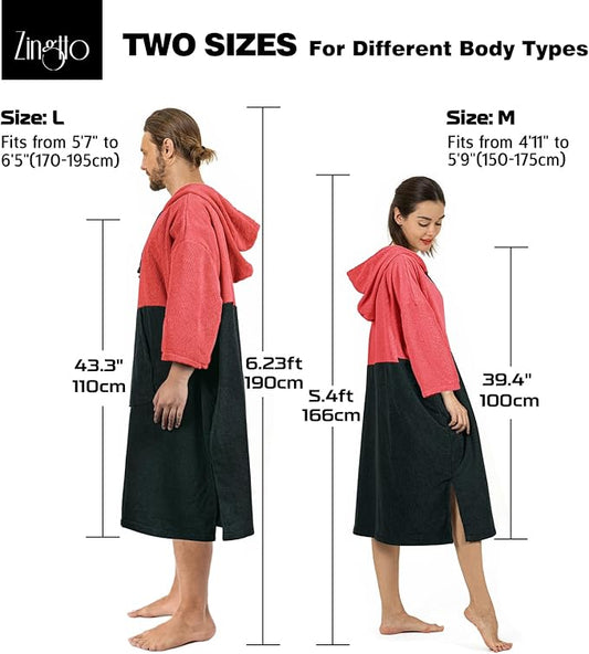 Surf Poncho Changing Robe, 3/4 Sleeve Extra Large Thick Hoodie Towel Poncho for Men Women Beach Swimming, 43" x 35", Black Coral Red