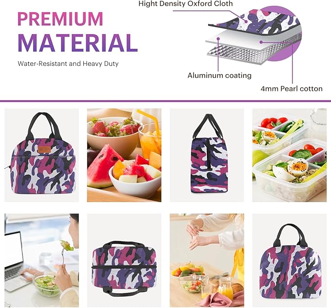 Lunch Bag for Women & Men Adult Insulated Lunch Box, Small Leakproof Cooler Food Lunch Containers Reusable High Capacity Lunch Tote Bags for Work, Travel, Outdoor (Purple Camo)