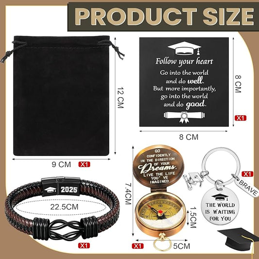 Quelay 5 Pcs Compass Graduation Gift Class of 2025 Engraved Compass Keychain Leather Stainless Steel Knot Bracelet Inspirational Card and Drawstring Bag High School College Graduation Gifts for Him