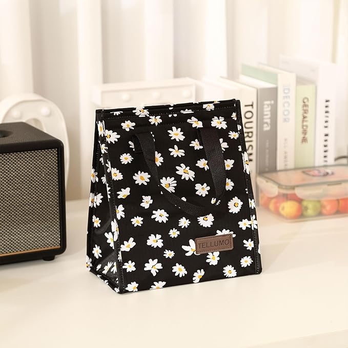 TELLUMO Lunch bag, Insulated Lunch Bag for Women Men Large Lunch Box Container Reusable Leakproof Tote for Office, Work, School, Beach or Travel (Black Daisy)