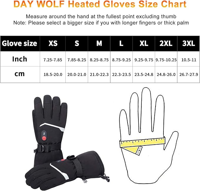 day wolf Upgraded Heated Gloves for Men Women, Waterproof and Touch Screen 7.4V 2200mAh Rechargeable Electric Gloves Hand Warmer for Skiing, Snowboarding, Skating, Camping Hiking Running