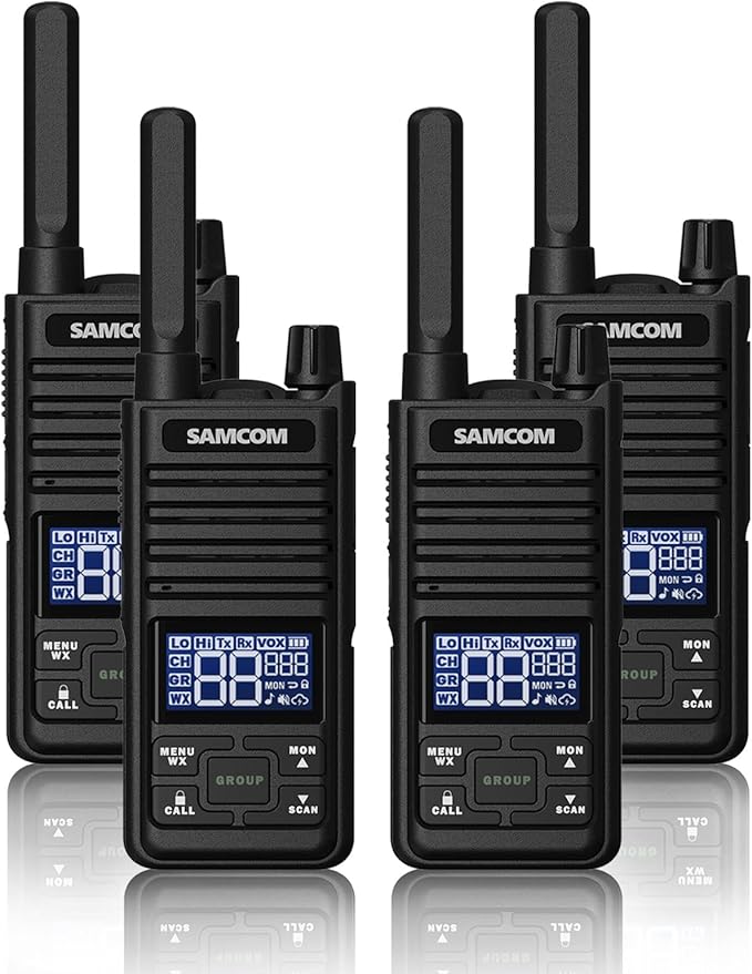Samcom GMRS Walkie Talkies Long Range, Type-C Rechargeable Two Way Radio with earpiece for Adults, 2-Way Radios Handheld Two-Way Radios with USB Base Charger for Camping (4 Pack, Black)