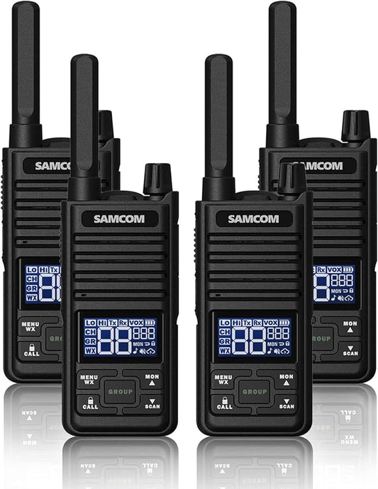 Samcom GMRS Walkie Talkies Long Range, Type-C Rechargeable Two Way Radio with earpiece for Adults, 2-Way Radios Handheld Two-Way Radios with USB Base Charger for Camping (4 Pack, Black)