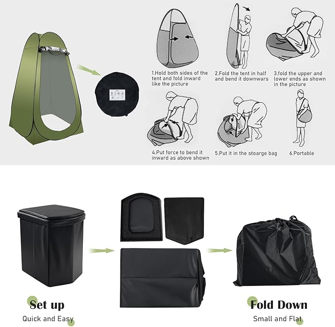 Portable Camping Toilet Kit for Adults, Pop up Privacy Tent, X Large Folding Toilet Potty with Camping Tent, Outdoor Instant Shower Tent Camp Toilet Changing Dressing Room (Green)
