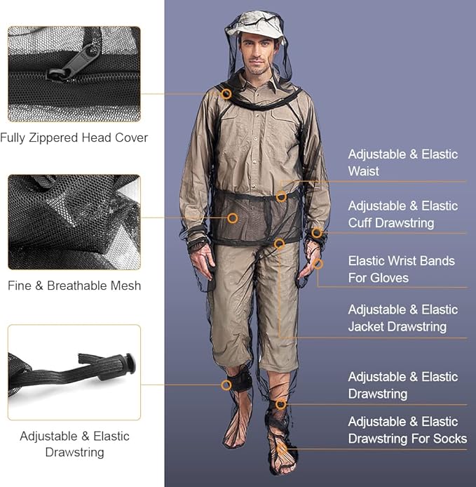 LIXADA Mesh Suit Set with Jacket Hood, Mitts, Socks & Storage Sack - Ultra-fine Net Mesh Clothing for Fishing Hiking Camping