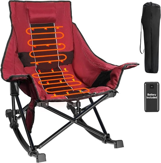 Slendor Oversized Rocking Camping Chair, XL Heated Camping Chair w/ 3 Levels Heat for Back+Seat, Padded Rocking Lawn Chair with 20000 mAh Power Bank, Pillow, Side Pocket, Carry Bag, Wine Red