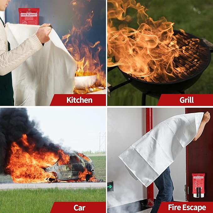 RHINO RESCUE Fire Blanket, 40''×40'' Fiberglass Emergency Fireproof Gear, Flame Retardant Protection for Home, Kitchen, Camping, Hiking, 4 Count