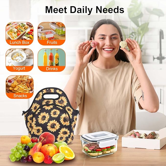 Neoprene Lunch Bag, Thermal Insulated Lunch Tote Bag with Detachable Shoulder Straps, Lightweight & Reusable Lunch Bag for Women Men