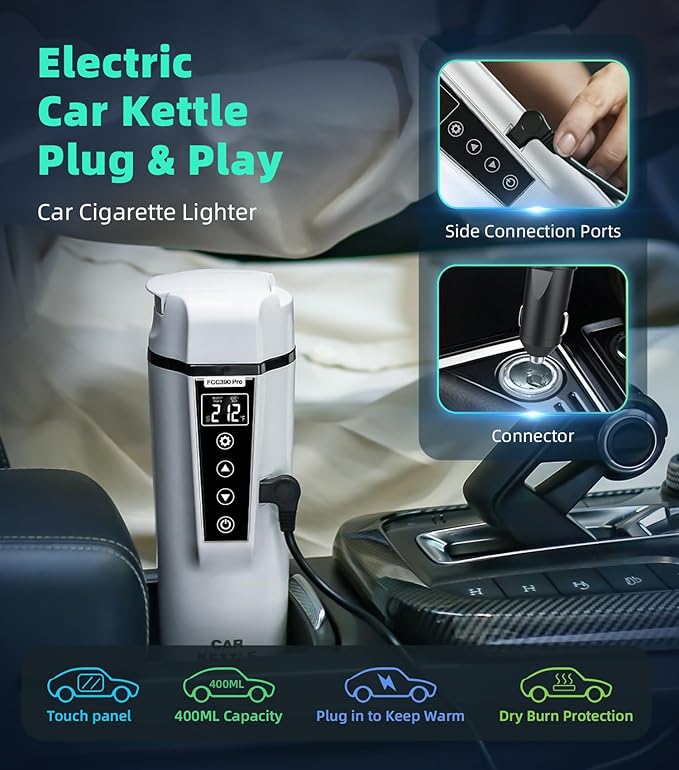 Portable Electric Car Kettle: 12V/24V Kettle Mini Water Boiler for Car Heated Travel Mug,Smart Precision Temperature Adjustment Coffee Tea Truck Cup with Handy Kettle Bag (White, 400ML)