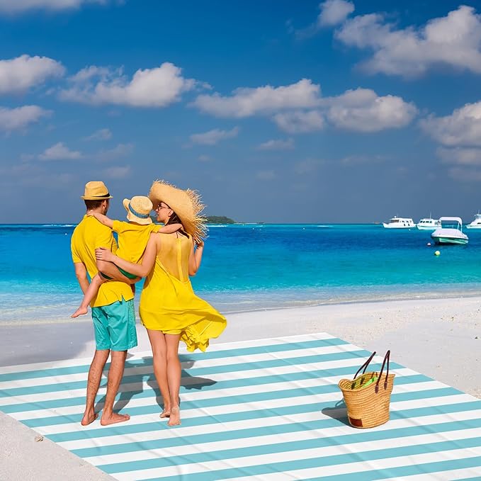 Beach Blanket Waterproof Sandproof, Large 78''×86'' Beach Picnic Blanket for 4 Adults with Stakes and Pocket, Sand Free Compact Pocket Beach Mat Essentials Accessories Must Haves-Blue Stripe