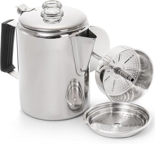 Camping Coffee Pot Stainless Steel, Coffee Pot Outdoors, Durable Stove Top Coffee Maker, Brew Coffee on Fire, Ideal for Group Camping, Hiking, Backpacking, RV and Travel, 9 Cups