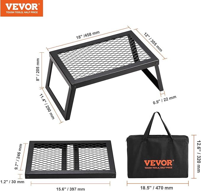 VEVOR Folding Campfire Grill, Heavy Duty Steel Mesh Grate, 18" Portable Camping Grates Over Fire Pit, Camp Fire Cooking Equipment with Legs Carrying Bag, Grilling Rack for Outdoor Open Flame Cooking