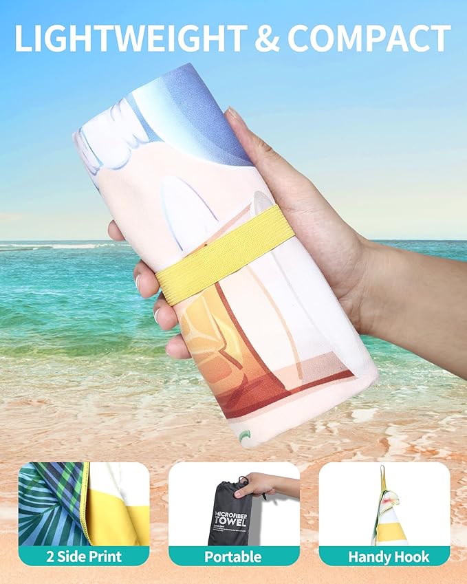Microfiber Beach Towels for Adults - Large Travel Towel Fast Drying Lightweight 62x32 Inch, Sand Free Towel with Pouch, Buttons, Elastic Band for Fitness, Yoga, Sauna, Camping, Swim (Summer)