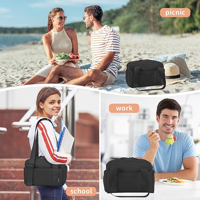 ZOMFELT Insulated Lunch Bag Women Men, Cute Lunch Box for Women Men, Leakproof Large Capacity Lunch Tote Bags with Adjustable Shoulder Strap for Work Office Outdoor Picnic Camping, Black