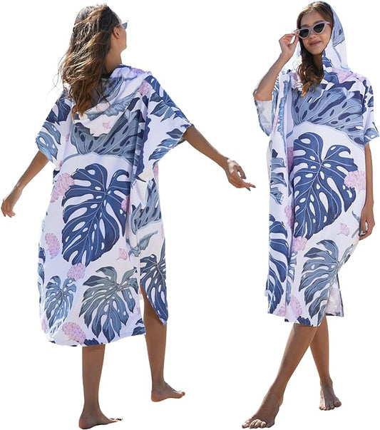 Rainleaf Surf Poncho Changing Towel Quick Dry Pool Swim Beach Towel with Hood and Front Pocket Warm and Soft Microfiber RobeTowel for Women and Men Gray-Leaf Print