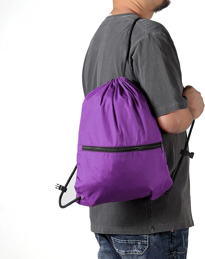 Drawstring Backpack Sports Gym Bag for Women Men Large Size With Two Zipper Pockets and Water Bottle Mesh Pockets